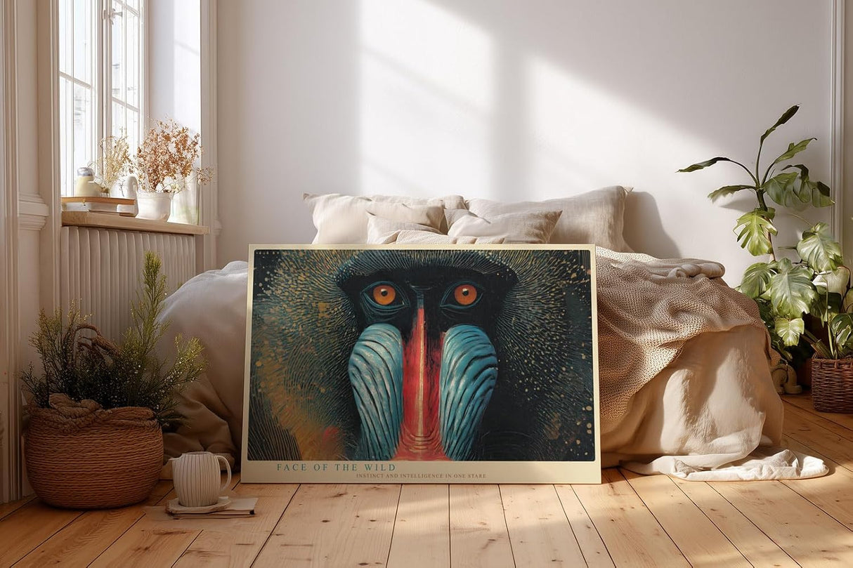 Paul Sinus Wandbild 120x80cm Mandrill Affe Tierportrait moderne Wildtier Kunst blau rot Naturfarben exotische Wanddekoration fuer Wohnzimmer Büro