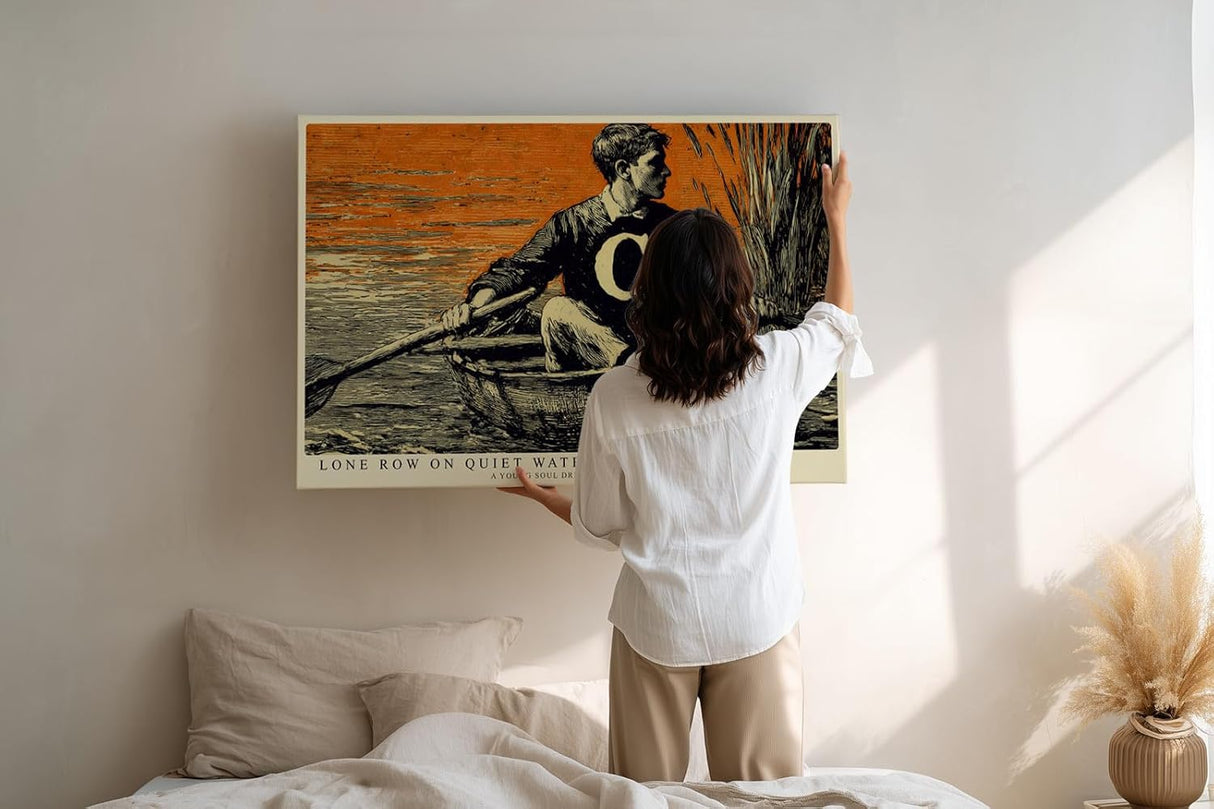 Paul Sinus Wandbild 120x80cm Mann im Boot auf Ruhigem Wasser Vintage Illustration Kunst in Schwarz Orange Wanddekoration