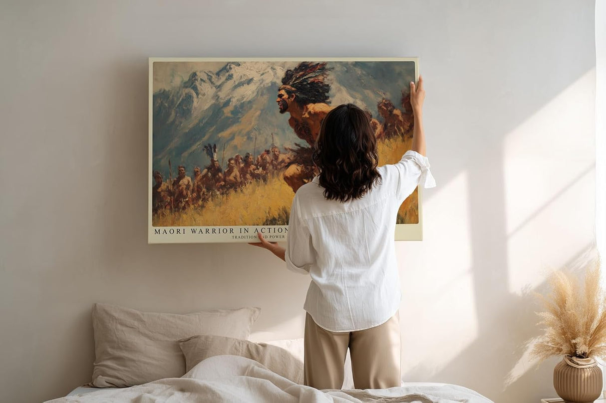 Paul Sinus Wandbild 120x80cm Maori Krieger in Bewegung – Ausdrucksstarke historische Szene mit traditioneller Kultur und Naturkulisse