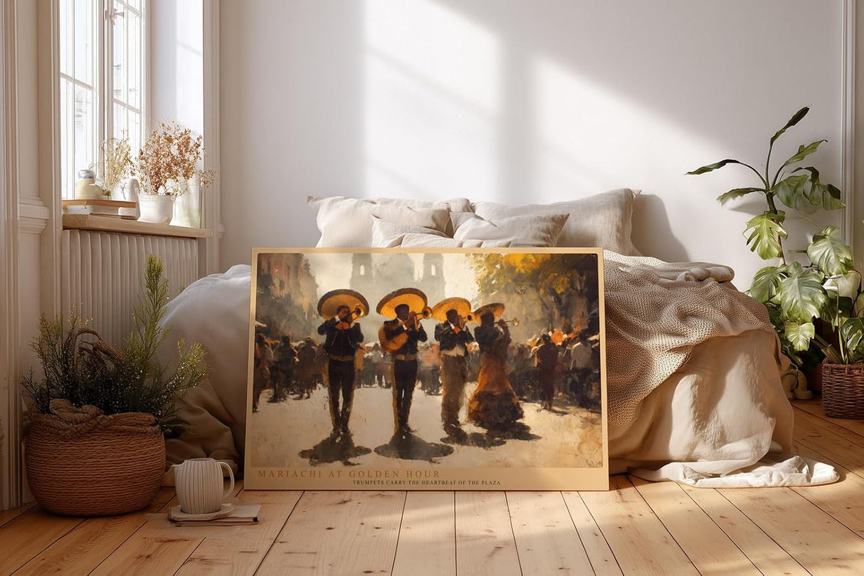 Paul Sinus Wandbild 120x80cm Mariachi Musiker auf der Plaza Lebendige Musikszene in warmen Gold und Brauntoenen