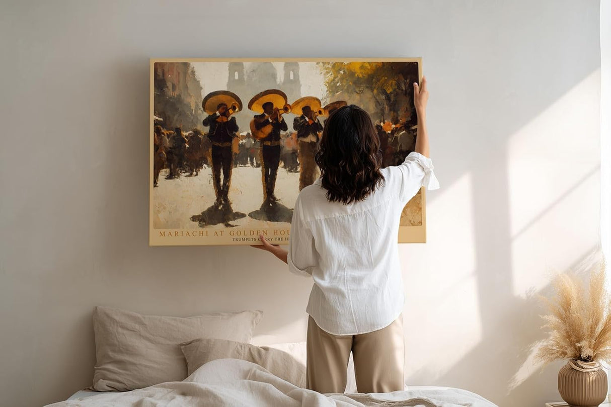 Paul Sinus Wandbild 120x80cm Mariachi Musiker auf der Plaza Lebendige Musikszene in warmen Gold und Brauntoenen