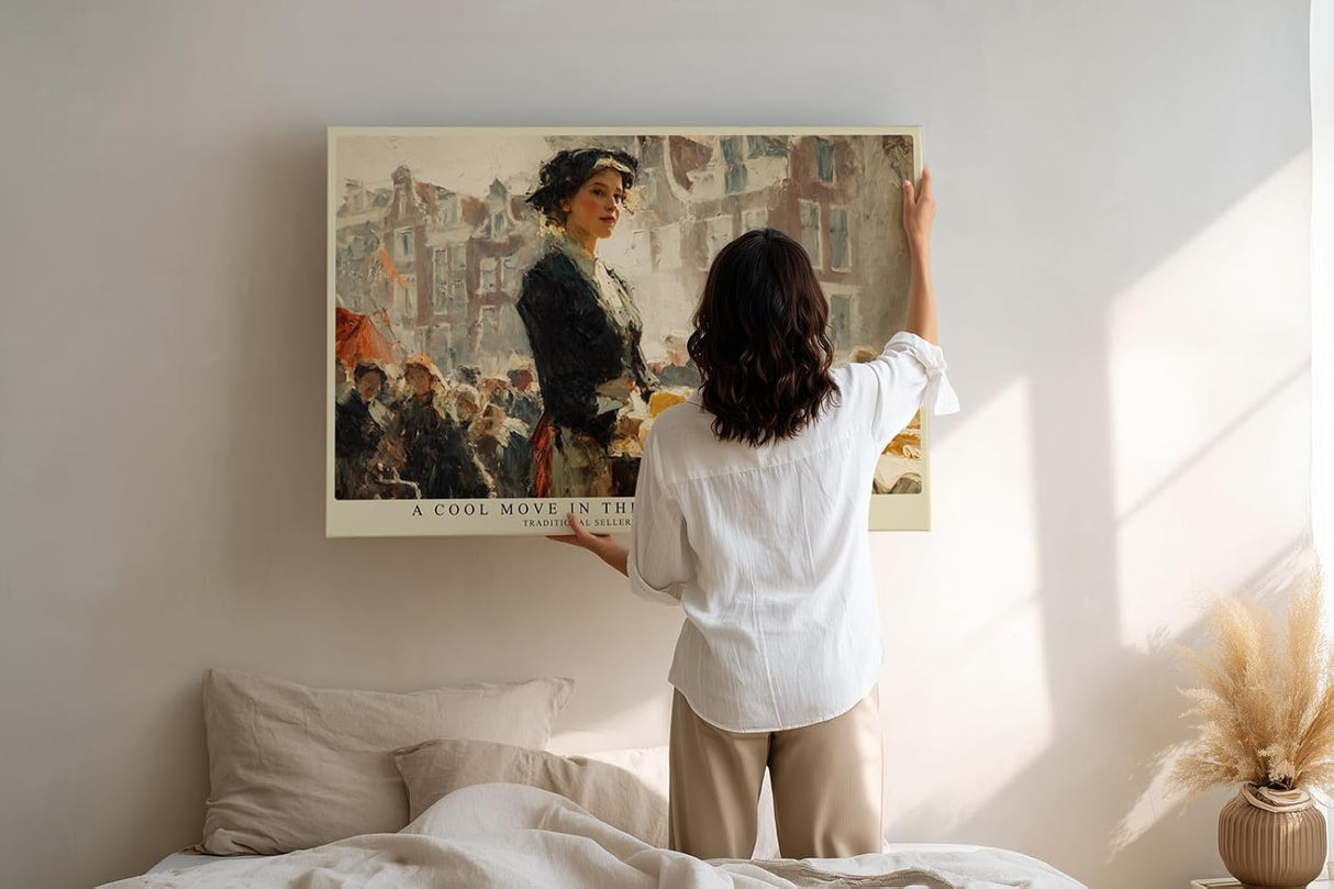 Paul Sinus Wandbild 120x80cm Marktszene mit Verkaeuferin Impressionistische Stadt Kunst in Warmen Naturtoenen Wanddekoration