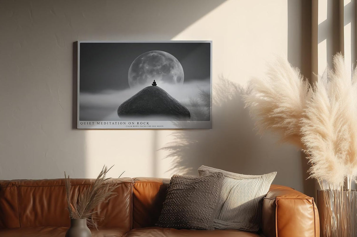 Paul Sinus Wandbild 120x80cm Meditation Mondlandschaft ruhige Silhouette großer Vollmond Zen Atmosphäre minimalistische spirituelle