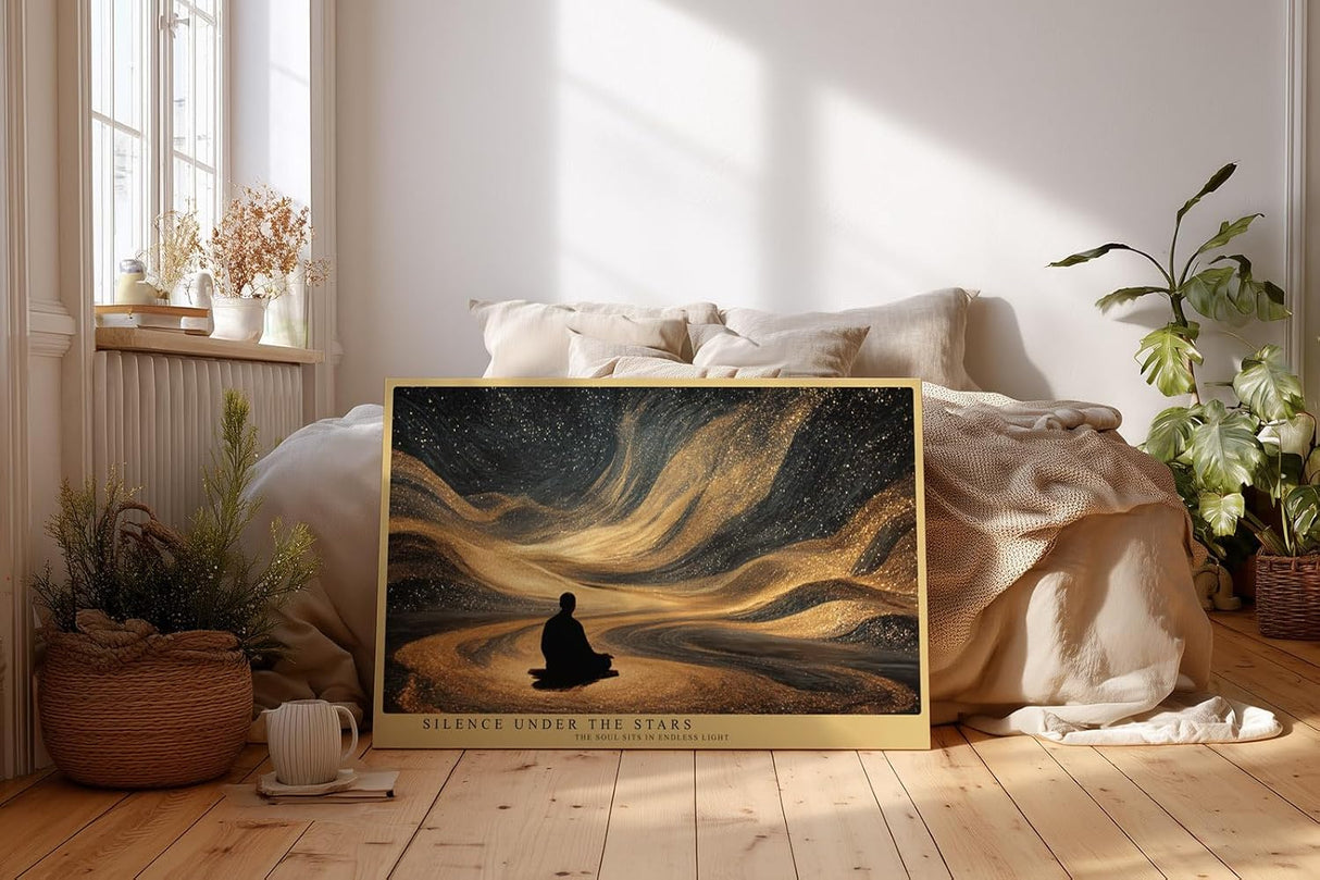 Paul Sinus Wandbild 120x80cm Meditation unter Sternenhimmel Abstrakte Goldene Galaxie Ruhige Spirituelle Kunst Wanddekoration
