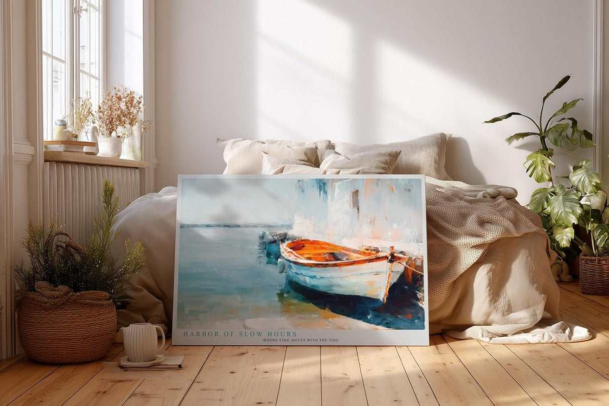 Paul Sinus Wandbild 120x80cm mediterranes Boot am Hafen impressionistische Kueste blau orange maritimes Kunstbild moderne Wanddekoration fuer Wohnzimmer Büro