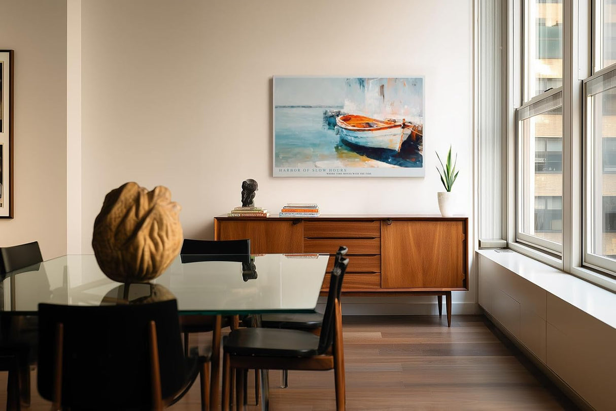 Paul Sinus Wandbild 120x80cm mediterranes Boot am Hafen impressionistische Kueste blau orange maritimes Kunstbild moderne Wanddekoration fuer Wohnzimmer Büro