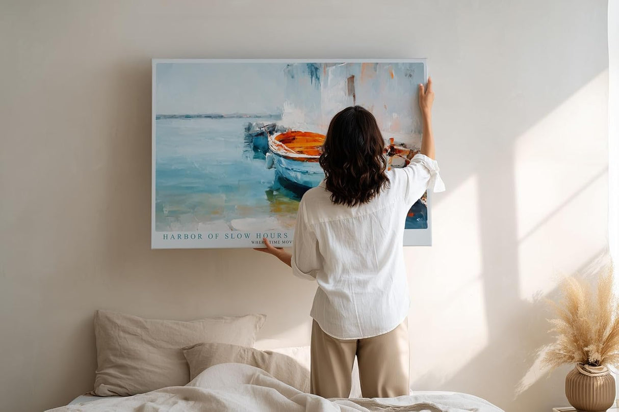 Paul Sinus Wandbild 120x80cm mediterranes Boot am Hafen impressionistische Kueste blau orange maritimes Kunstbild moderne Wanddekoration fuer Wohnzimmer Büro
