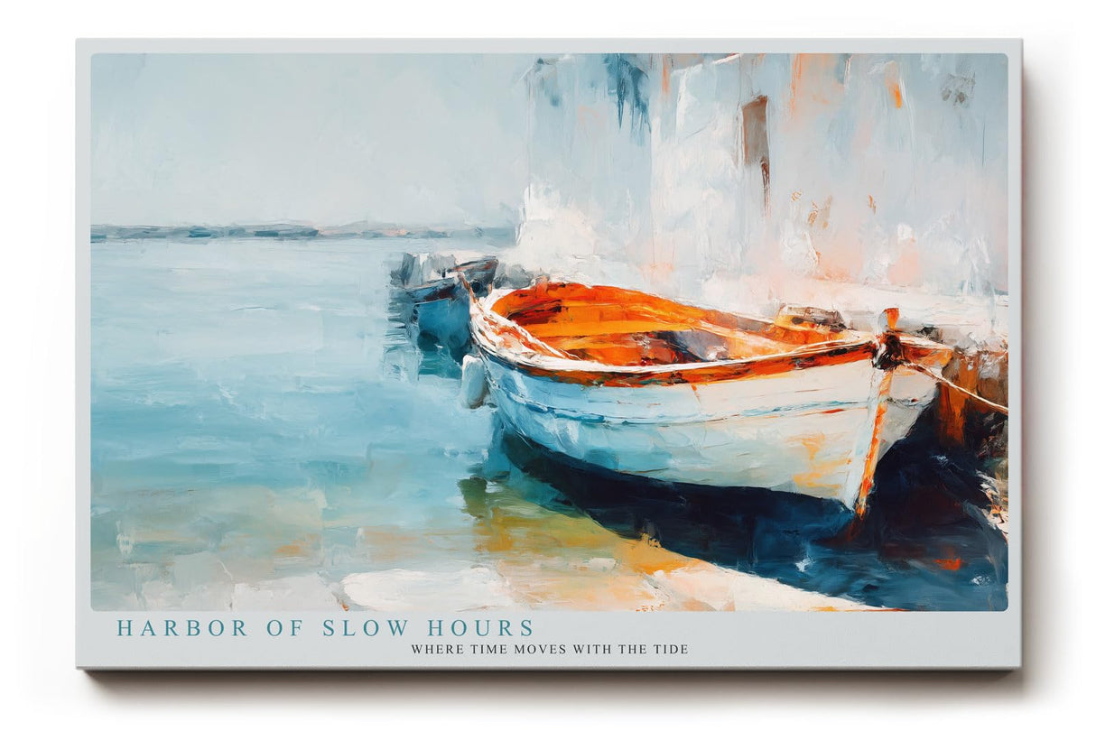 Paul Sinus Wandbild 120x80cm mediterranes Boot am Hafen impressionistische Kueste blau orange maritimes Kunstbild moderne Wanddekoration fuer Wohnzimmer Büro