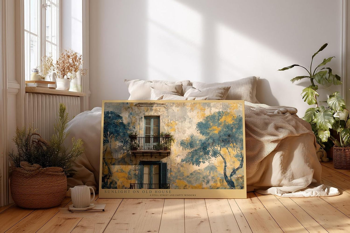 Paul Sinus Wandbild 120x80cm Mediterranes Haus mit Balkon Malerische Architektur Kunst in Blau Gold Wanddekoration