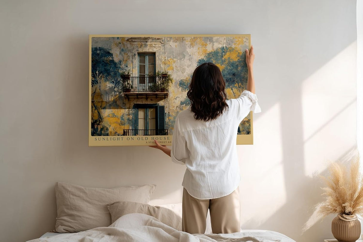 Paul Sinus Wandbild 120x80cm Mediterranes Haus mit Balkon Malerische Architektur Kunst in Blau Gold Wanddekoration
