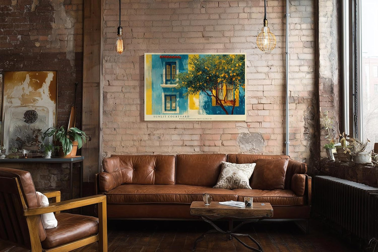 Paul Sinus Wandbild 120x80cm mediterranes Haus Zitronenbaum sonniger Innenhof moderne Landschaft Kunstbild Wanddekoration fuer Wohnzimmer Büro