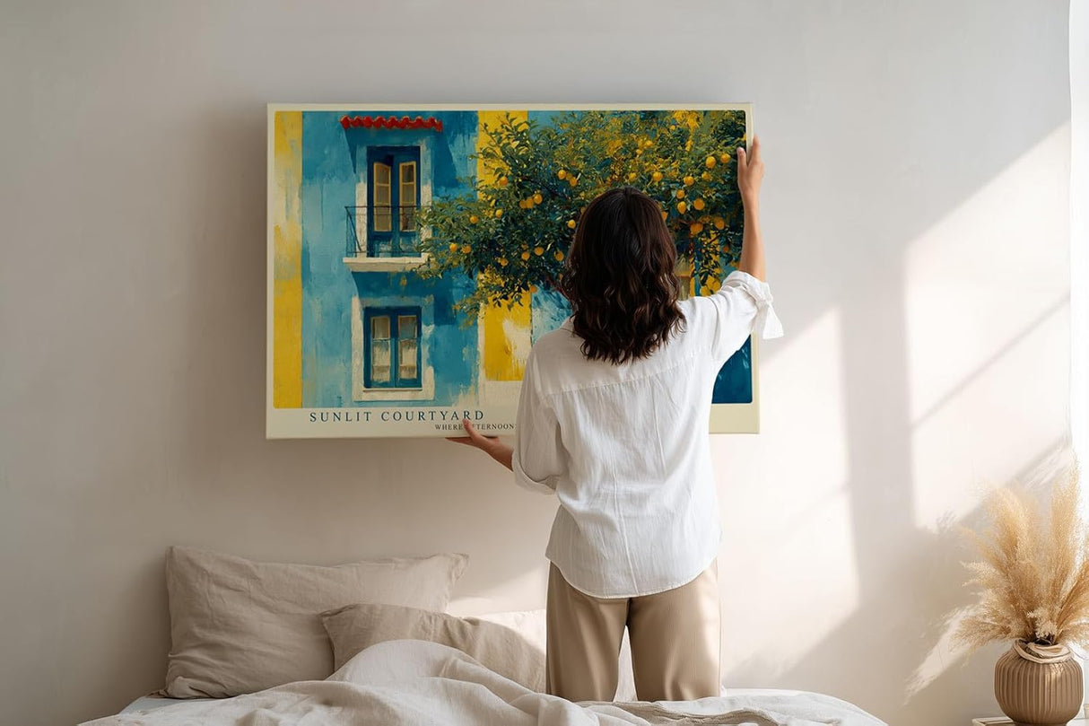 Paul Sinus Wandbild 120x80cm mediterranes Haus Zitronenbaum sonniger Innenhof moderne Landschaft Kunstbild Wanddekoration fuer Wohnzimmer Büro
