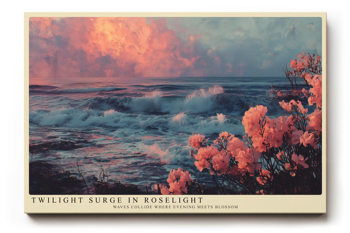 Paul Sinus Wandbild 120x80cm Meereskueste bei Sonnenuntergang mit rosa Blueten Atmosphaerische Naturkunst in Blau und Rosatoenen