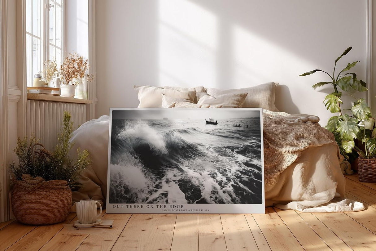 Paul Sinus Wandbild 120x80cm Meereswellen schwarz weiss Fotokunst modern dramatische Natur Kunstdruck grosses Kunstbild stilvolle Wanddekoration fuer Wohnzimmer Büro Flur