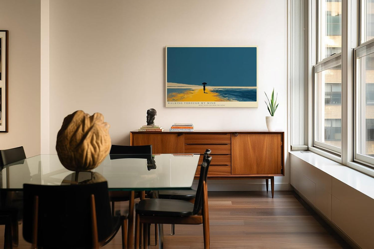 Paul Sinus Wandbild minimalistische Landschaft mit Person und Regenschirm moderne Illustration in blau orange ruhiges Kunstposter stilvolle Wanddekoration fuer Wohnzimmer Schlafzimmer Büro Flur
