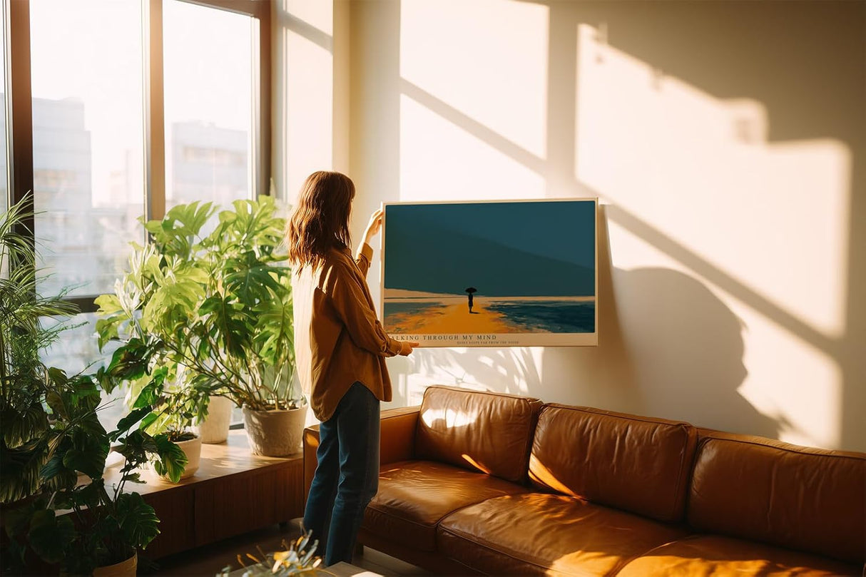 Paul Sinus Wandbild minimalistische Landschaft mit Person und Regenschirm moderne Illustration in blau orange ruhiges Kunstposter stilvolle Wanddekoration fuer Wohnzimmer Schlafzimmer Büro Flur