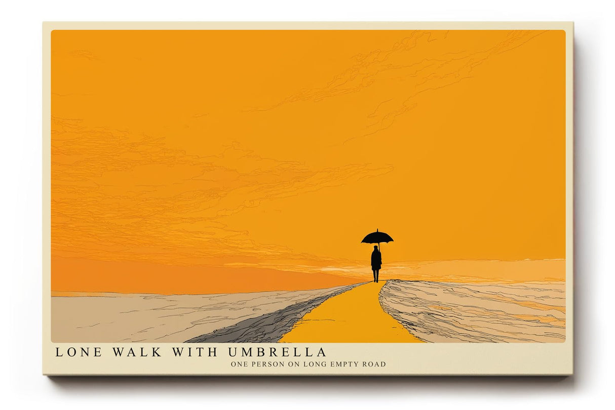 Paul Sinus Wandbild 120x80cm minimalistische Landschaft mit Person und Regenschirm moderne Illustration in warmem orange ruhiges Kunstposter fuer Wohnzimmer Schlafzimmer Büro Flur