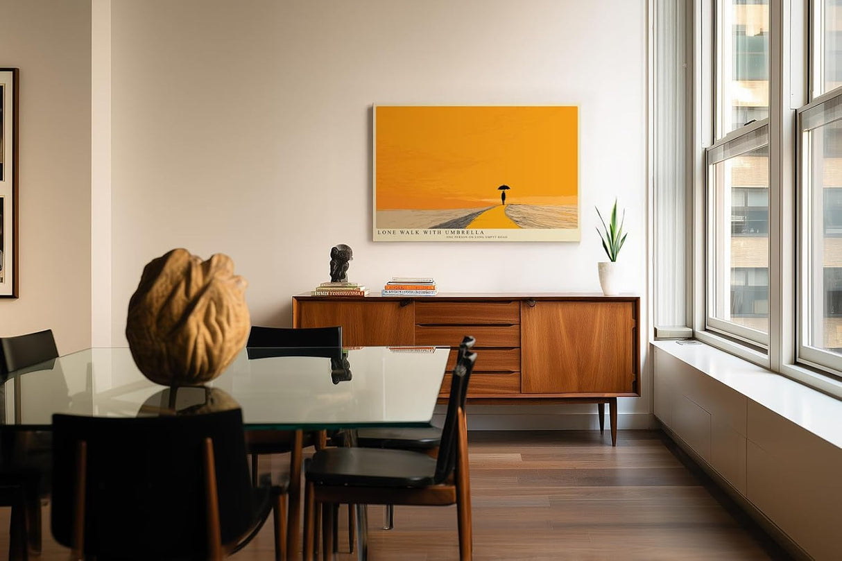 Paul Sinus Wandbild 120x80cm minimalistische Landschaft mit Person und Regenschirm moderne Illustration in warmem orange ruhiges Kunstposter fuer Wohnzimmer Schlafzimmer Büro Flur