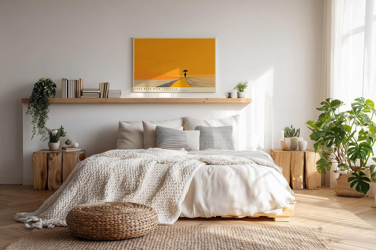 Paul Sinus Wandbild 120x80cm minimalistische Landschaft mit Person und Regenschirm moderne Illustration in warmem orange ruhiges Kunstposter fuer Wohnzimmer Schlafzimmer Büro Flur