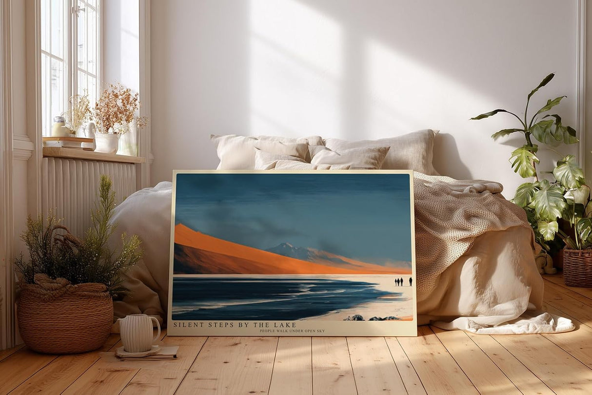 Paul Sinus Wandbild 120x80cm minimalistische Landschaft See Berge orange Dünen modernes Natur Panorama ruhige Atmosphäre stilvolle