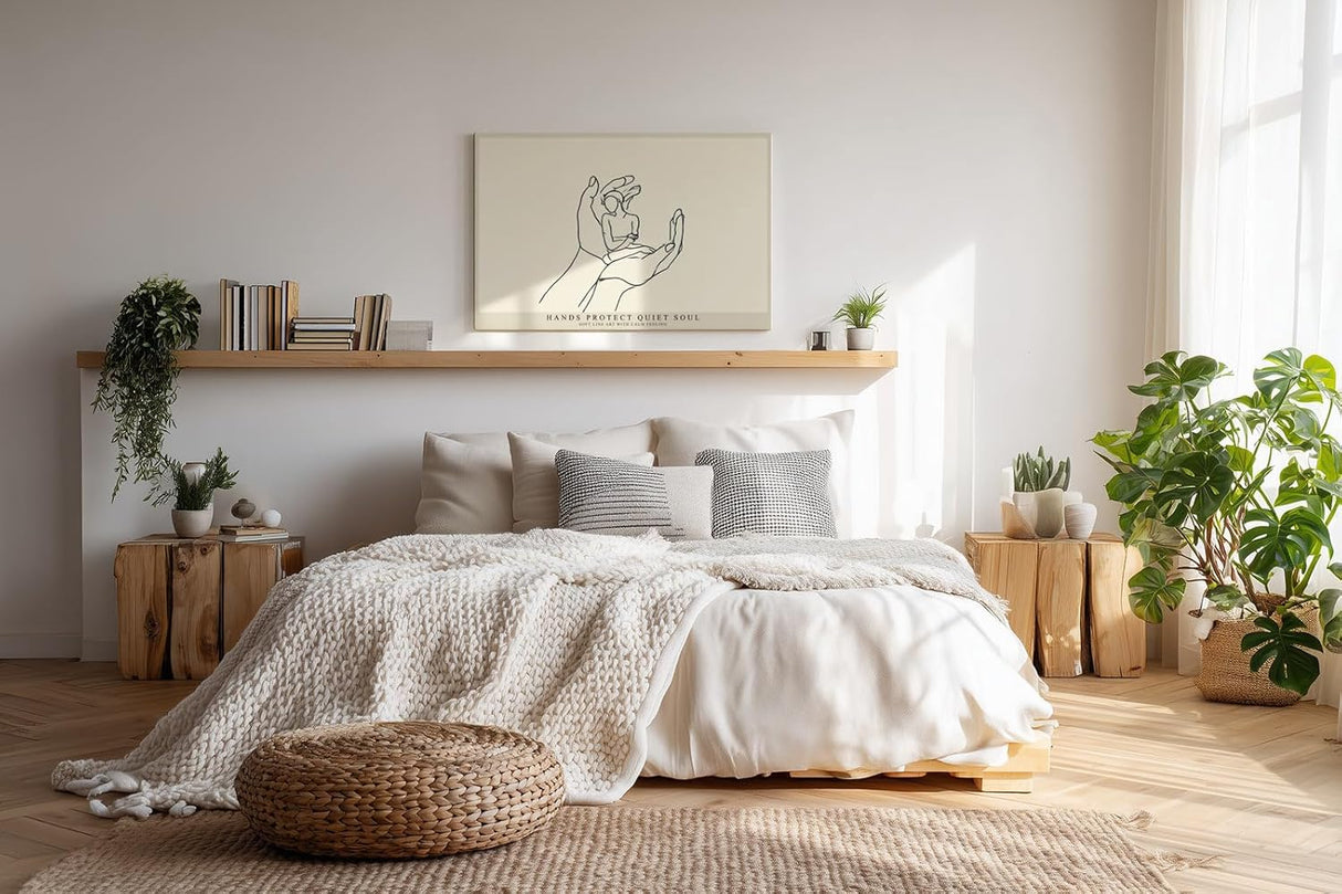 Paul Sinus Wandbild 120x80cm minimalistische Line Art Haende Schutz Seele moderne Illustration ruhige Kunst Kunstdruck stilvolle Wanddekoration fuer Wohnzimmer Schlafzimmer Büro