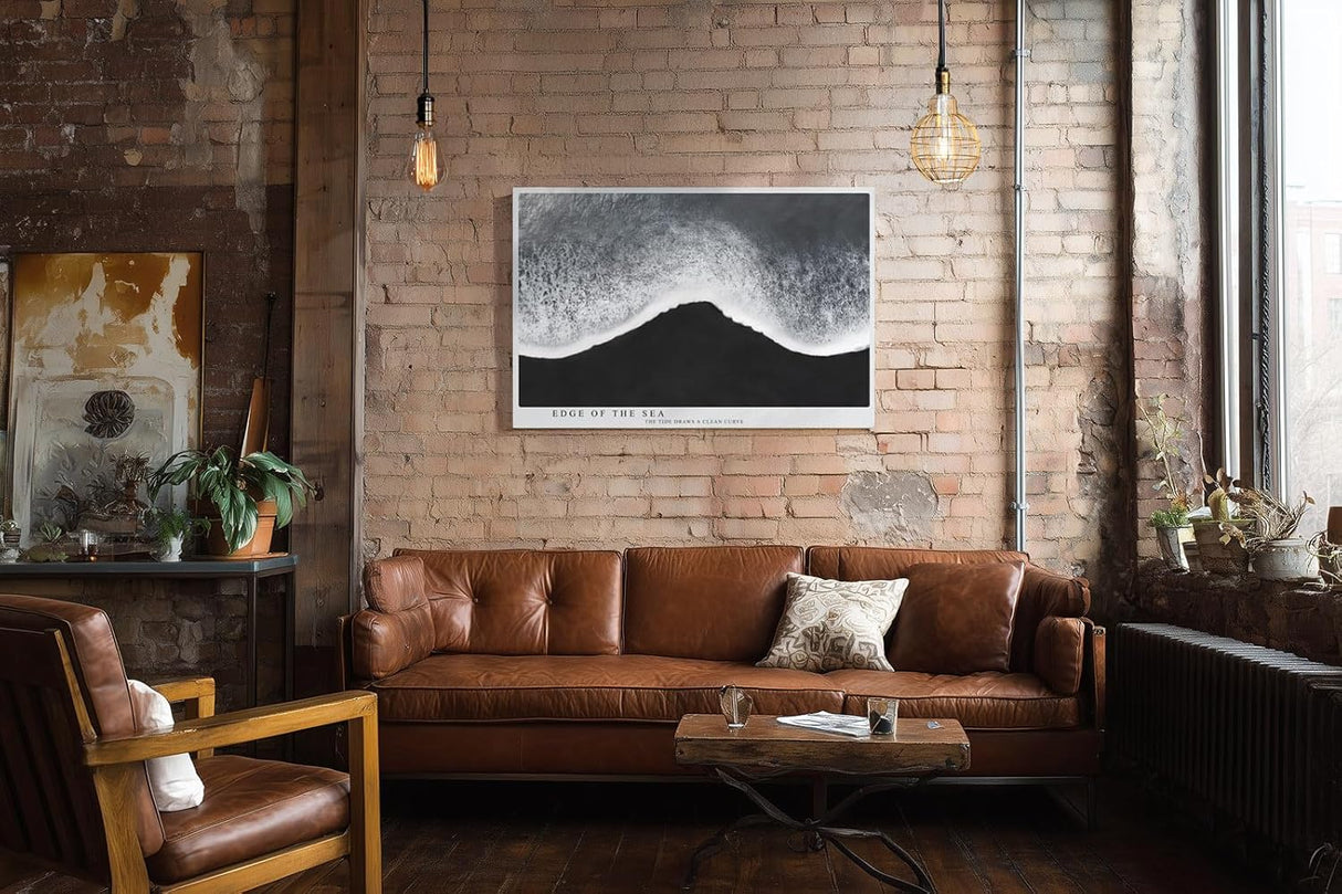 Paul Sinus Wandbild 120x80cm Minimalistische Meereskante – Schwarz Weiß Ozean Fotokunst mit ruhiger Wellenlinie für moderne Räume