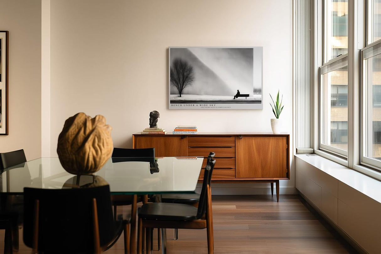 Paul Sinus Wandbild 120x80cm minimalistische Winterlandschaft schwarz weiss Fotokunst modern Kunstdruck grosses Kunstbild ruhige Wanddekoration fuer Wohnzimmer Büro Flur