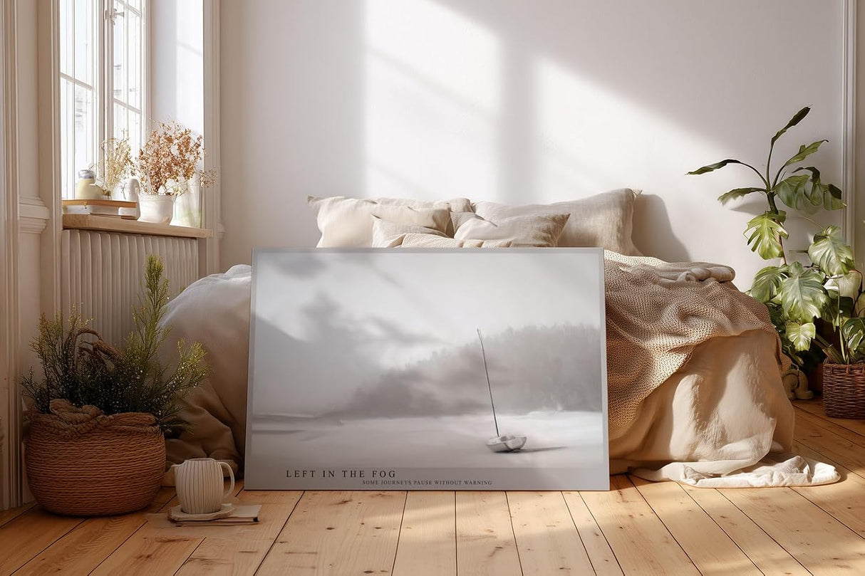 Paul Sinus Wandbild 120x80cm minimalistisches Boot im Nebel ruhige Landschaft Fotokunst grau Natur Kunstdruck moderne