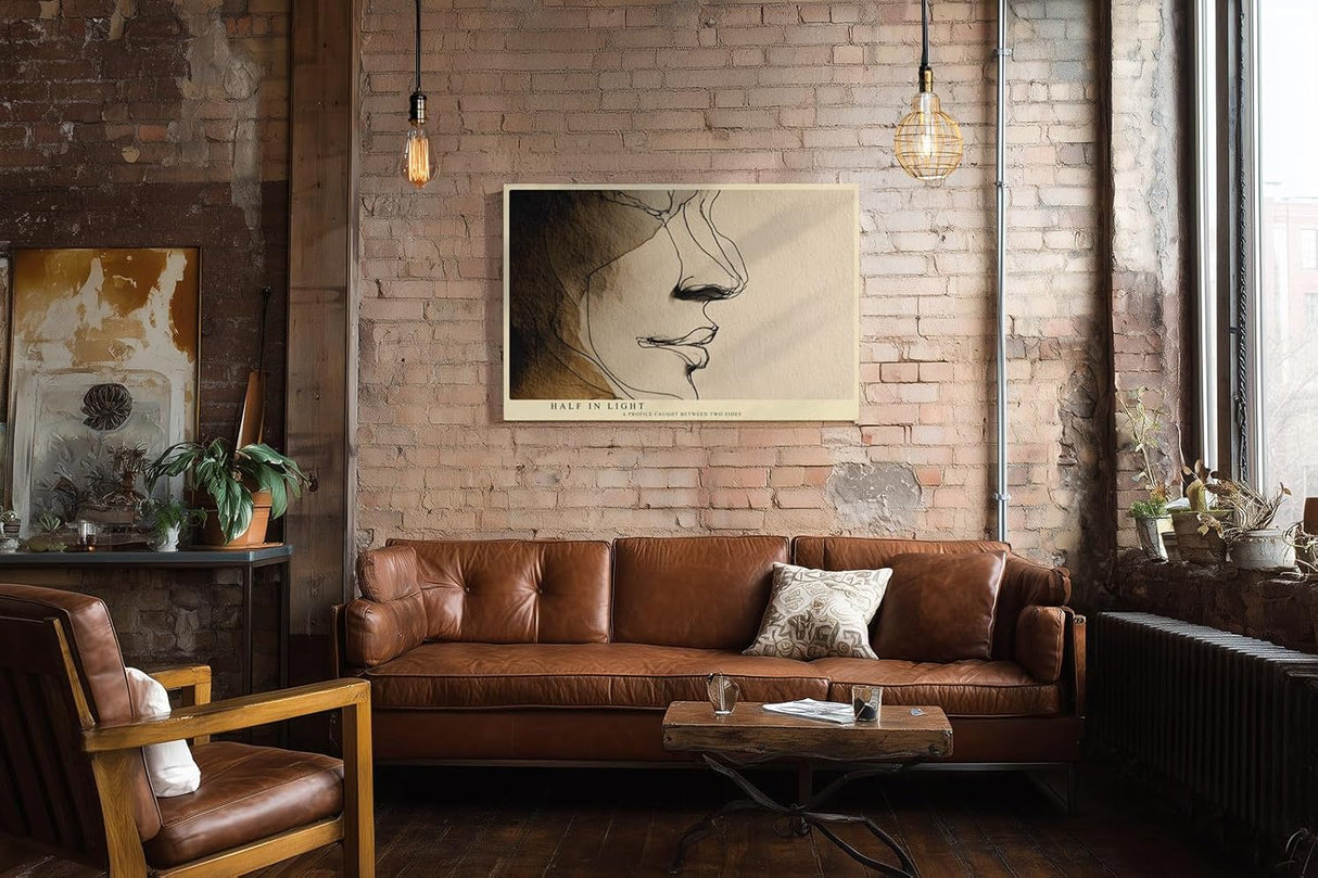 Paul Sinus Wandbild 120x80cm minimalistisches Gesichtsprofil Linienkunst moderne abstrakte Portrait Illustration beige braun stilvolle Leinwand Wanddekoration fuer Wohnzimmer Büro