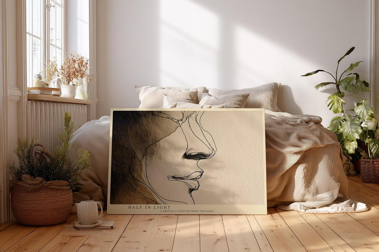 Paul Sinus Wandbild 120x80cm minimalistisches Gesichtsprofil Linienkunst moderne abstrakte Portrait Illustration beige braun stilvolle Leinwand Wanddekoration fuer Wohnzimmer Büro
