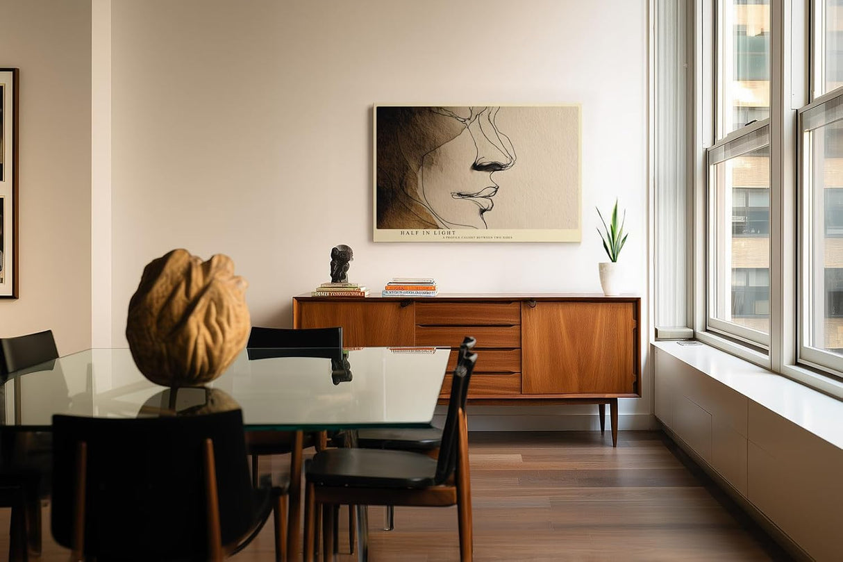 Paul Sinus Wandbild 120x80cm minimalistisches Gesichtsprofil Linienkunst moderne abstrakte Portrait Illustration beige braun stilvolle Leinwand Wanddekoration fuer Wohnzimmer Büro