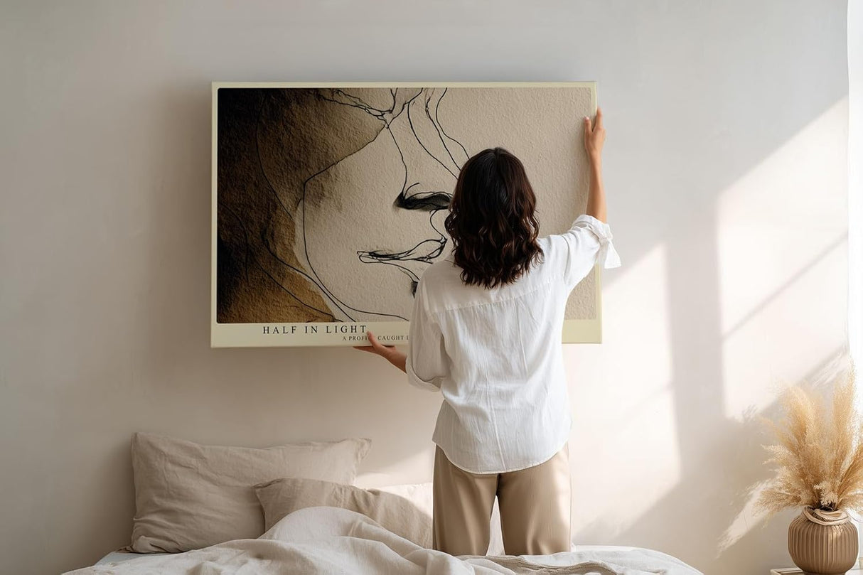 Paul Sinus Wandbild 120x80cm minimalistisches Gesichtsprofil Linienkunst moderne abstrakte Portrait Illustration beige braun stilvolle Leinwand Wanddekoration fuer Wohnzimmer Büro