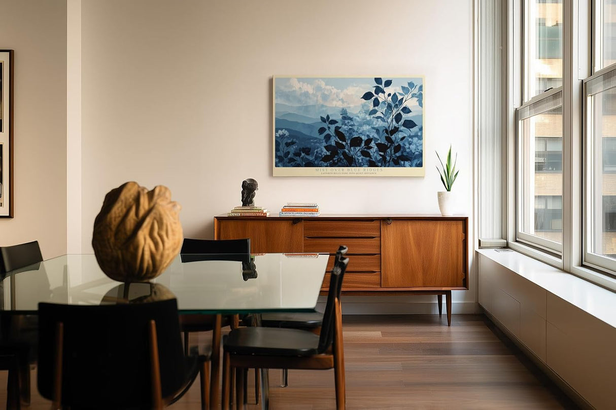 Paul Sinus Wandbild 120x80cm Mist over Blue Ridges Blaue Berglandschaft mit Nebel Ruhige Natur Kunst fuer Wohnzimmer Schlafzimmer und Büro