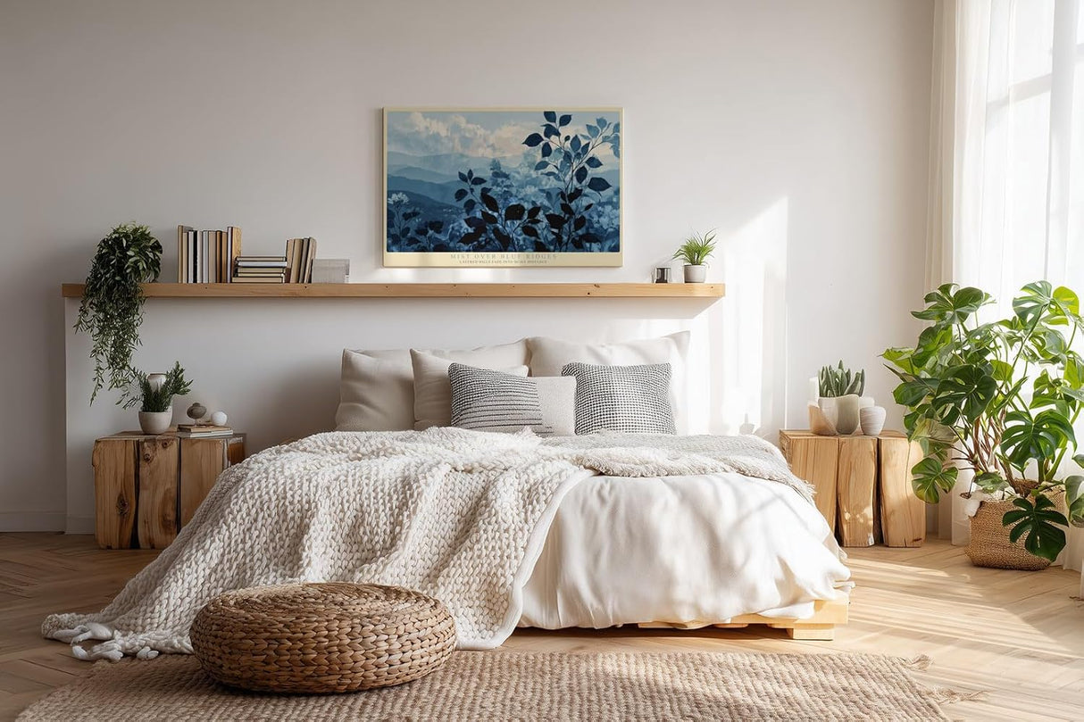Paul Sinus Wandbild 120x80cm Mist over Blue Ridges Blaue Berglandschaft mit Nebel Ruhige Natur Kunst fuer Wohnzimmer Schlafzimmer und Büro