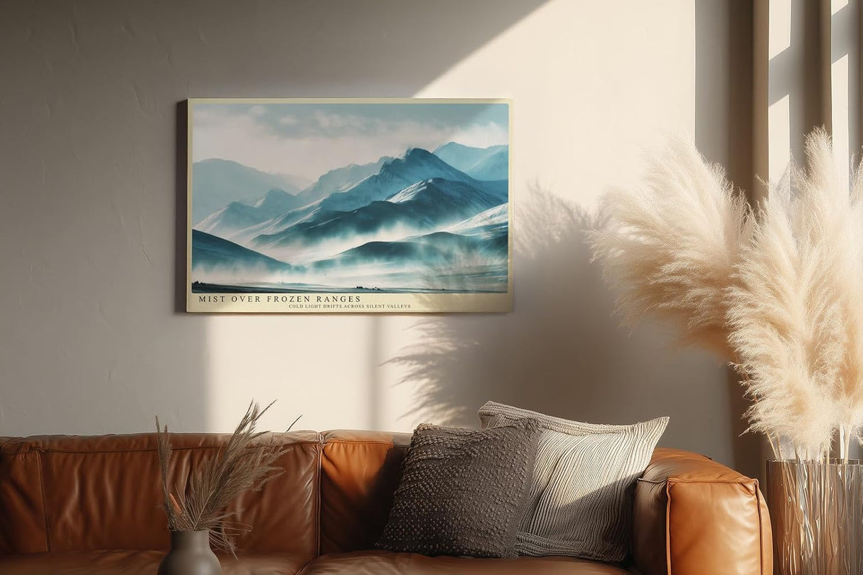 Paul Sinus Wandbild 120x80cm Mist over Frozen Ranges Neblige Gebirgslandschaft in Blau Moderne Berg Kunst fuer Wohnzimmer Schlafzimmer und Büro