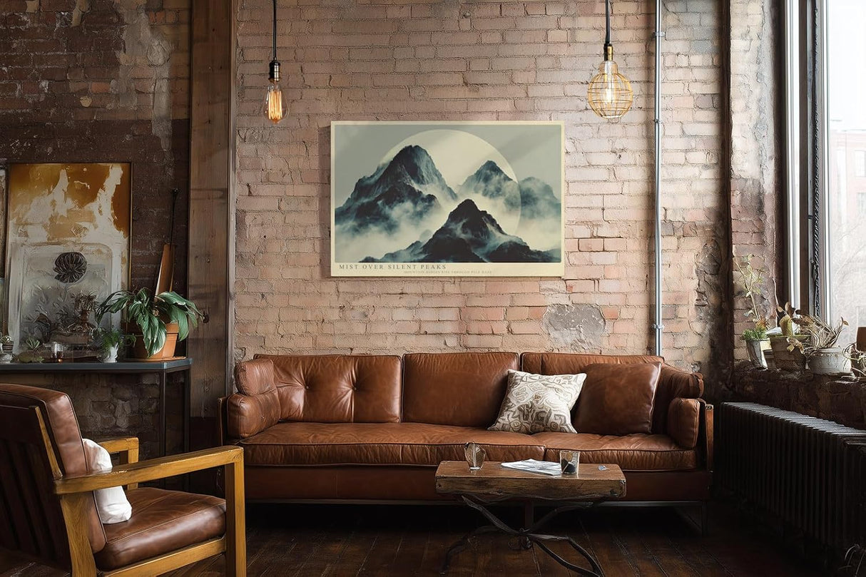 Paul Sinus Wandbild 120x80cm Mist over Silent Peaks Nebel Berge Landschaft Minimalistische Natur Kunst fuer Wohnzimmer Schlafzimmer und Büro