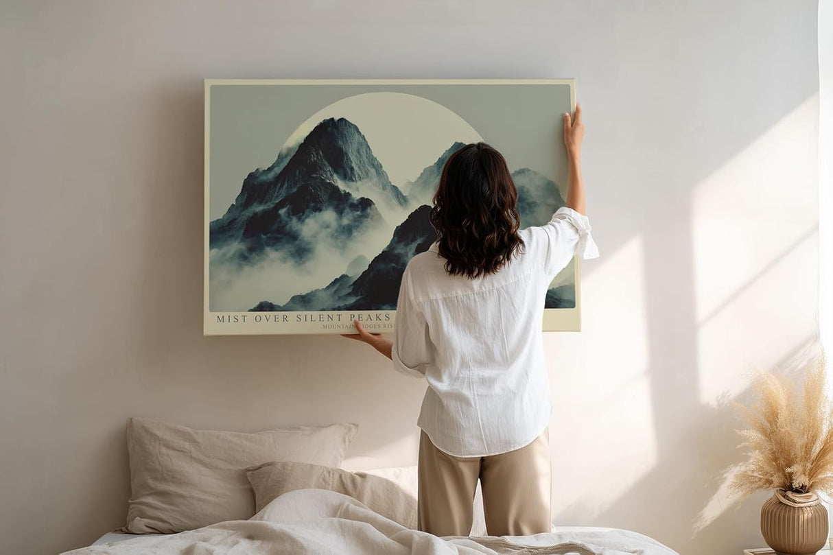 Paul Sinus Wandbild 120x80cm Mist over Silent Peaks Nebel Berge Landschaft Minimalistische Natur Kunst fuer Wohnzimmer Schlafzimmer und Büro
