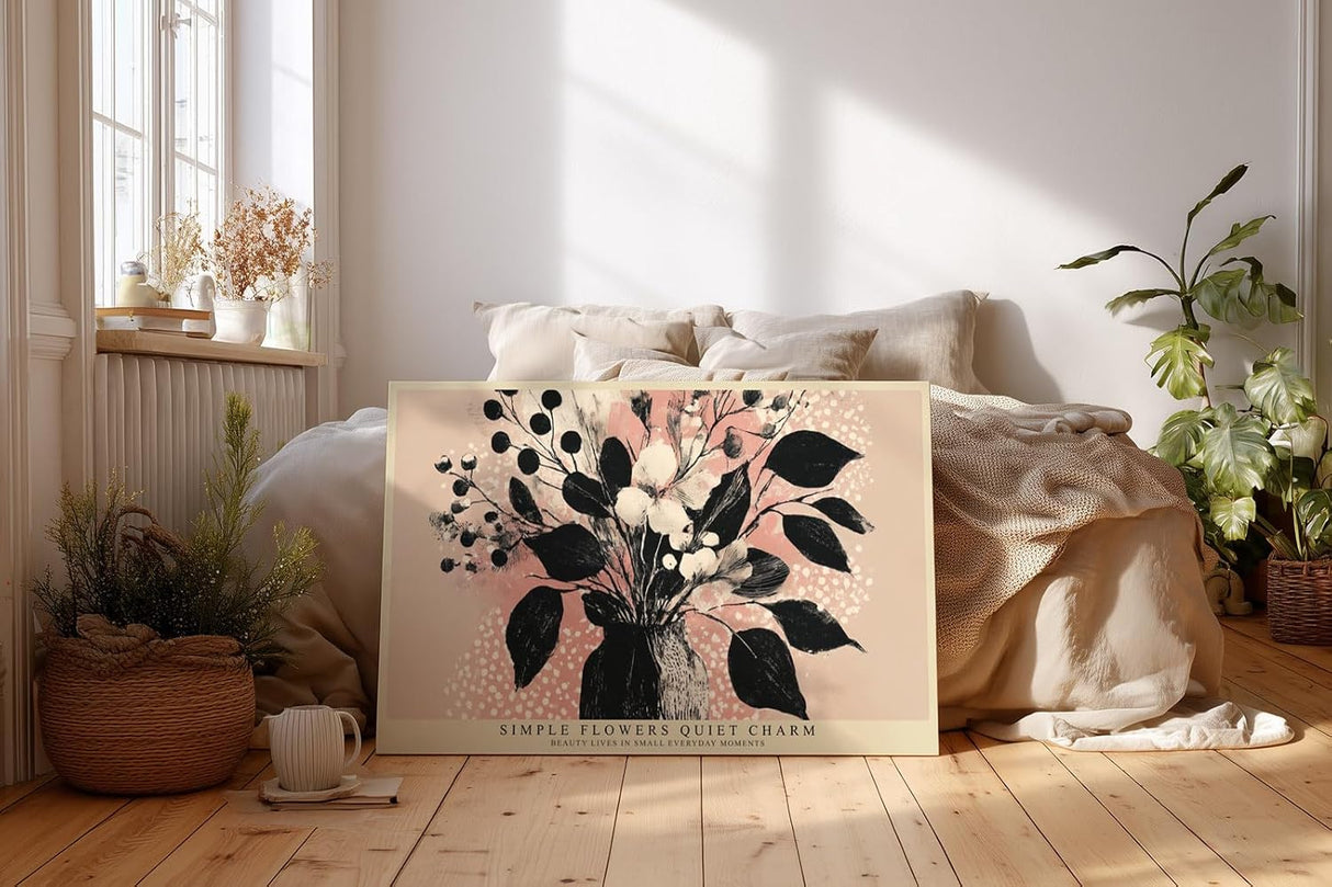 Paul Sinus Wandbild 120x80cm moderne Blumen Illustration Vase florale Kunst schwarz rosa minimalistische Wanddekoration fuer Wohnzimmer Flur Büro