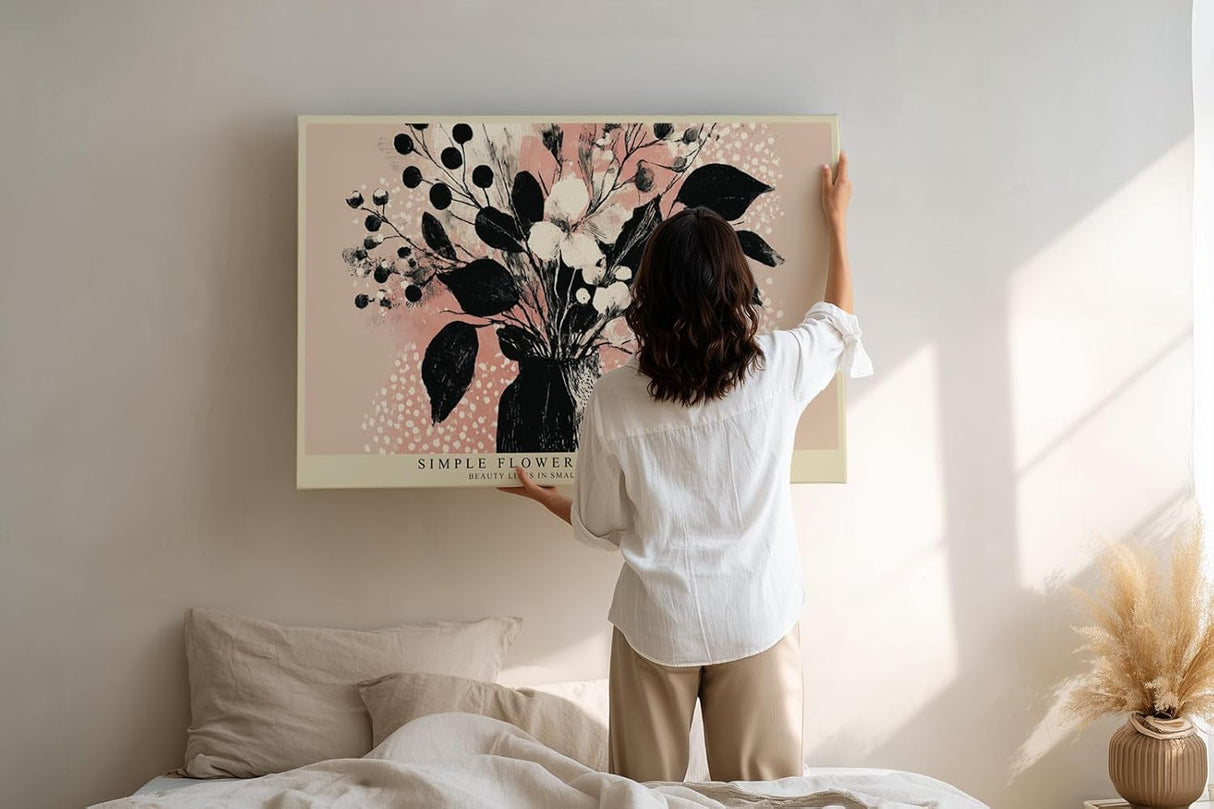 Paul Sinus Wandbild 120x80cm moderne Blumen Illustration Vase florale Kunst schwarz rosa minimalistische Wanddekoration fuer Wohnzimmer Flur Büro