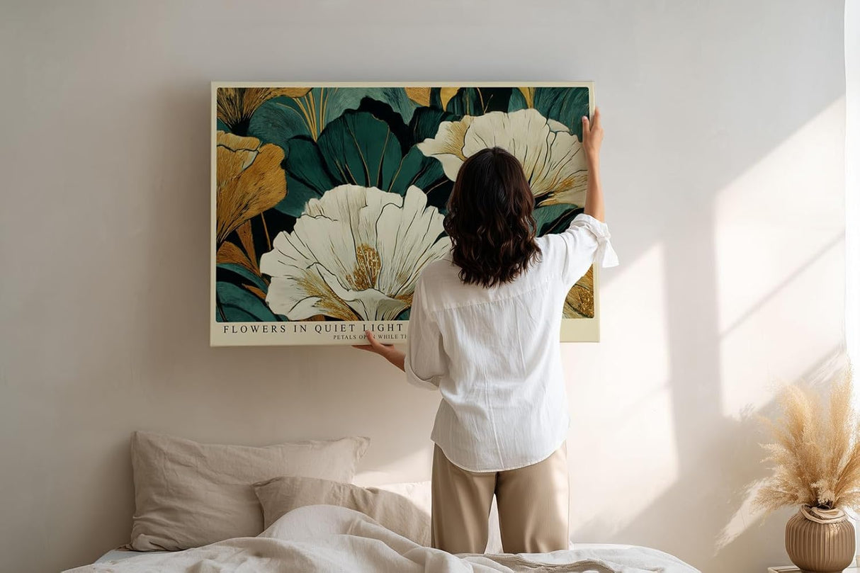Paul Sinus Wandbild 120x80cm Moderne Blumen Kunst in Grün Gold und Creme Elegantes Florales Design für Wohnzimmer Schlafzimmer Büro