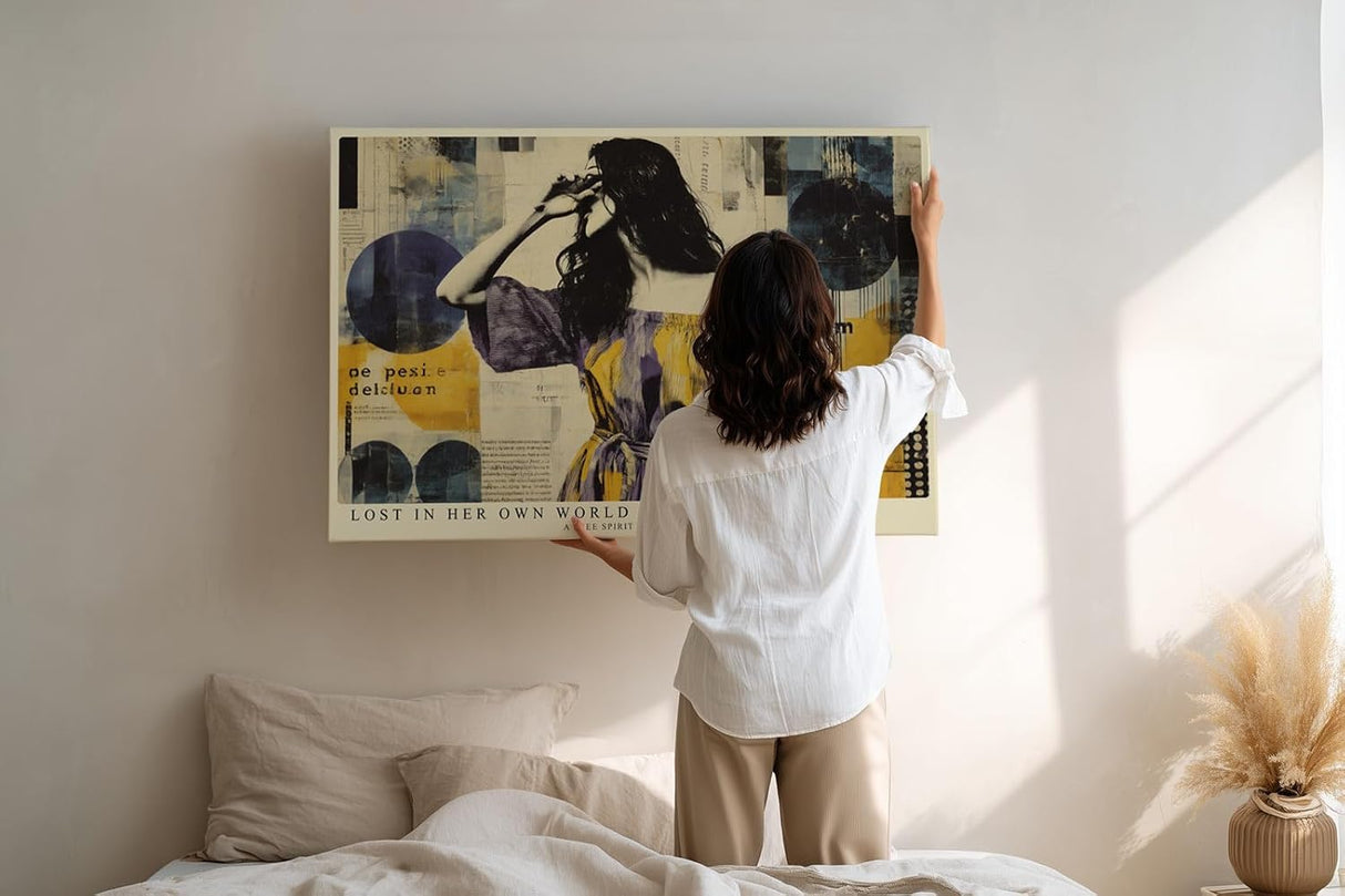 Paul Sinus Wandbild 120x80cm Moderne Collage Kunst Frau Abstrakt Gelb Blau Urbaner Kunststil Kunstdruck Poster Grosse Wanddekoration fuer Wohnzimmer Büro Atelier