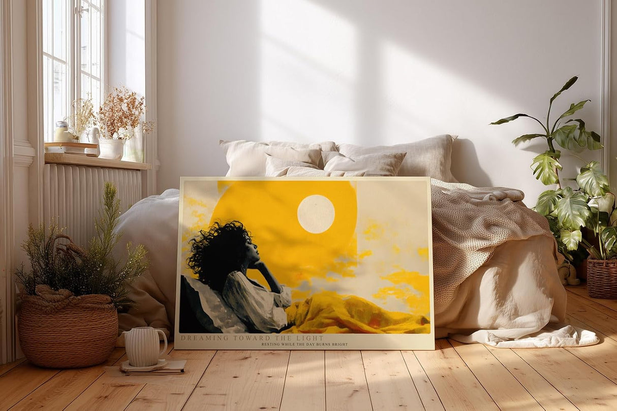 Paul Sinus Wandbild 120x80cm moderne Frauenfigur unter gelber Sonne abstrakte Kunst warmes Gelb stilvolle Illustration moderne Wanddekoration fuer Wohnzimmer Büro