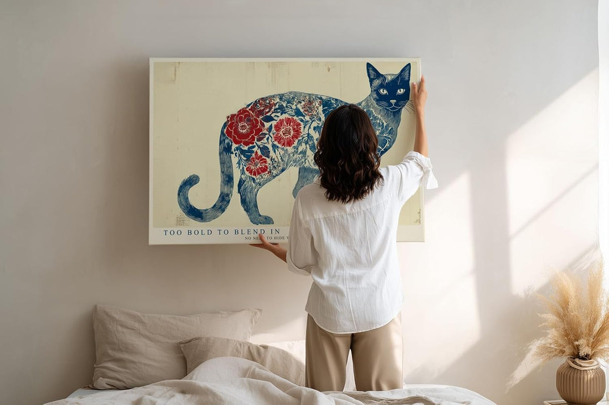 Paul Sinus Wandbild 120x80cm moderne Katzenkunst floral Muster blau rot abstrakte Tierillustration grosses Kunstbild kreative Wanddekoration fuer Wohnzimmer Büro