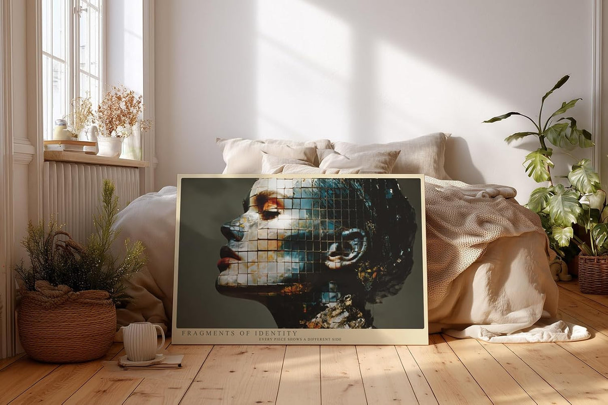 Paul Sinus Wandbild 120x80cm moderne Portraetkunst Frau Mosaik Gesicht abstrakte Identitaet Kunstbild zeitgenoessische Wanddekoration fuer Wohnzimmer Büro