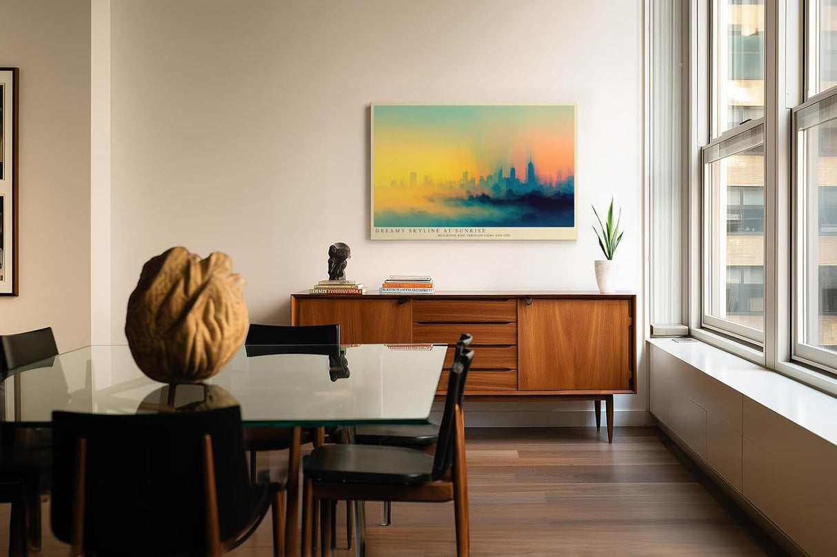 Paul Sinus Wandbild 120x80cm moderne Skyline abstrakte Stadtlandschaft Sonnenaufgang farbverlauf Stadt Kunstbild urbanes Panorama stilvolle