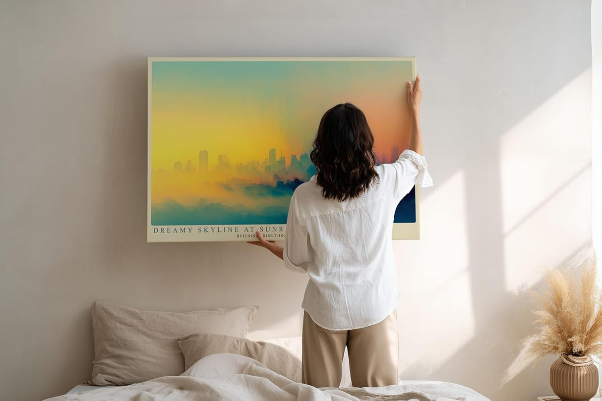 Paul Sinus Wandbild 120x80cm moderne Skyline abstrakte Stadtlandschaft Sonnenaufgang farbverlauf Stadt Kunstbild urbanes Panorama stilvolle
