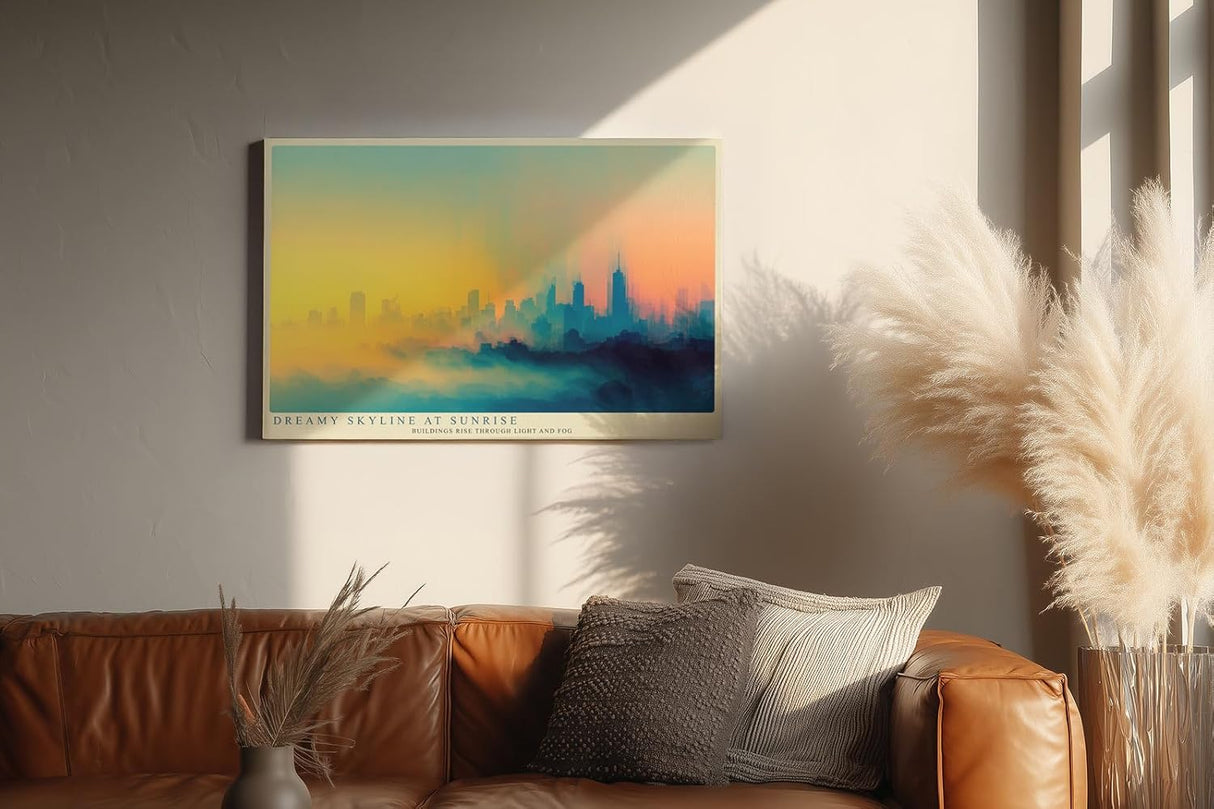 Paul Sinus Wandbild 120x80cm moderne Skyline abstrakte Stadtlandschaft Sonnenaufgang farbverlauf Stadt Kunstbild urbanes Panorama stilvolle