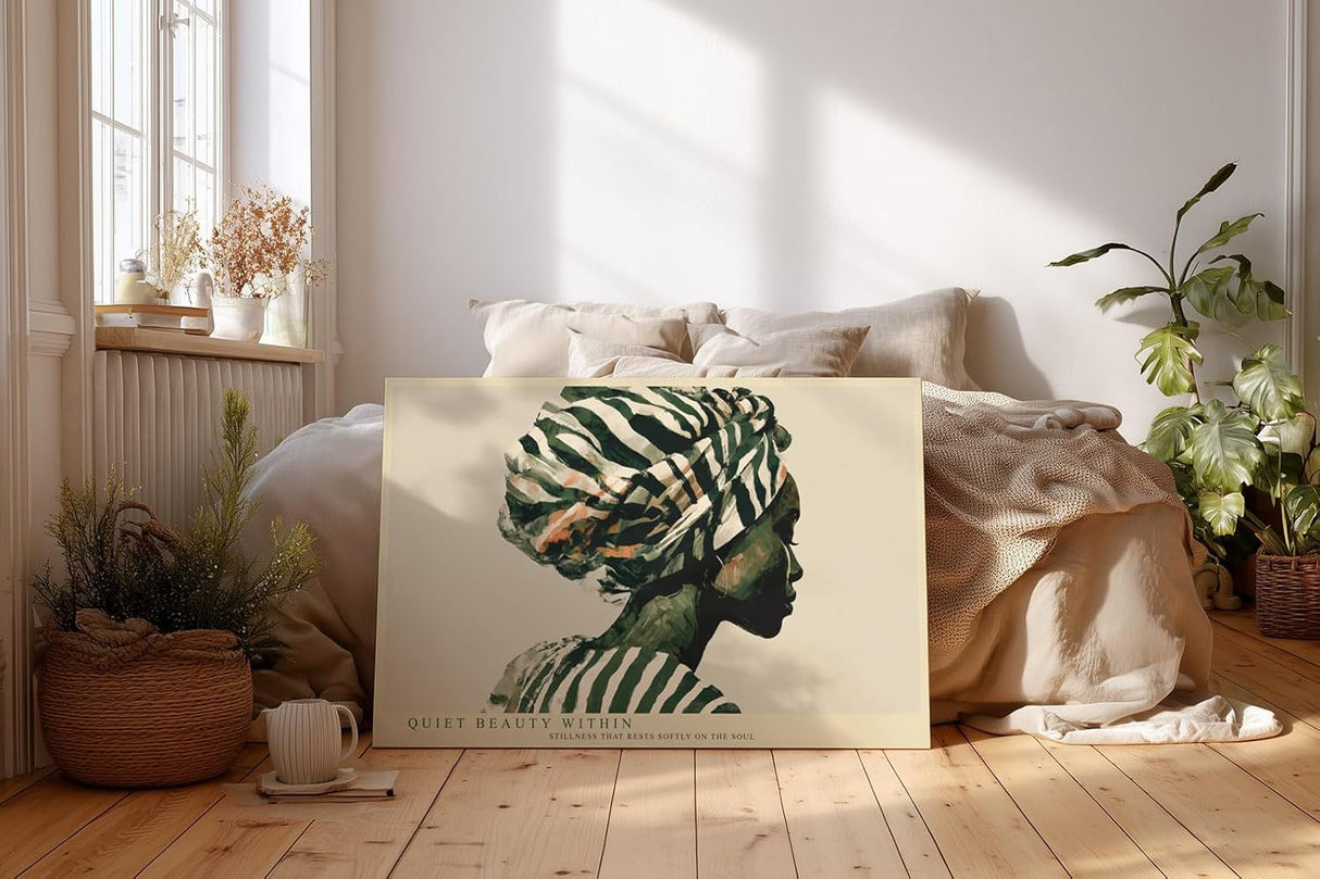 Paul Sinus Wandbild 120x80cm modernes Frauenportrait Illustration mit grünem Kopftuch elegante Kunst in Naturtönen stilvolle