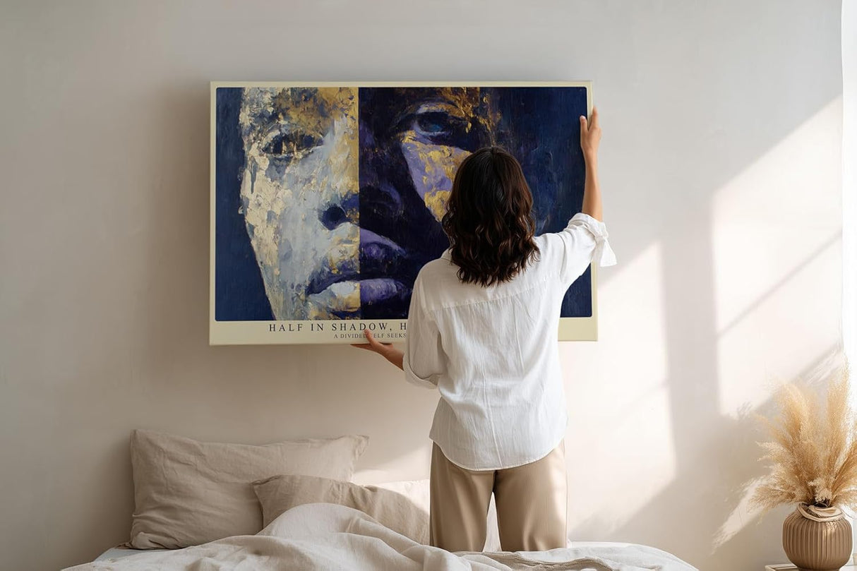 Paul Sinus Wandbild 120x80cm Modernes Kunstportrait in Blau und Gold Abstrakt inspiriertes Gesichtsmotiv