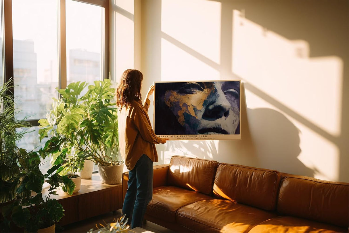 Paul Sinus Wandbild 120x80cm Modernes Portrait Gold Blau Kunstmotiv Ausdrucksstarkes Gesicht in abstrakter Malerei